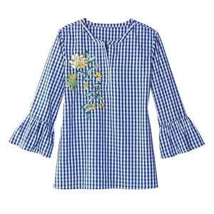 SIGNATURE COLLECTION Checkered Floral Embroidered Bell Sleeve Top EUC